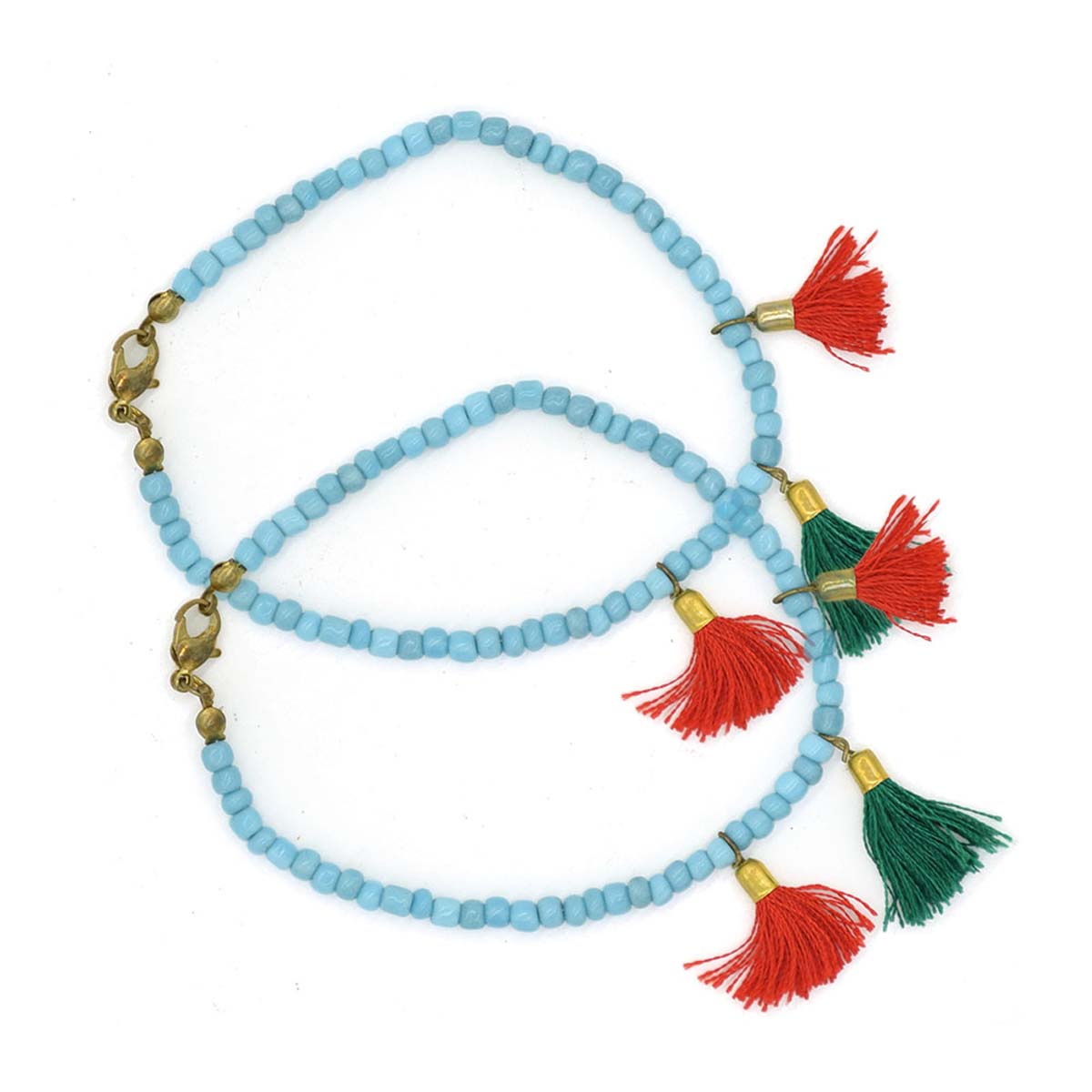 Wholesale Anklets – Pair of Anklets – Hand-Beaded Turquoise Glass Beads – Tassels – Unique Jewelry Collection